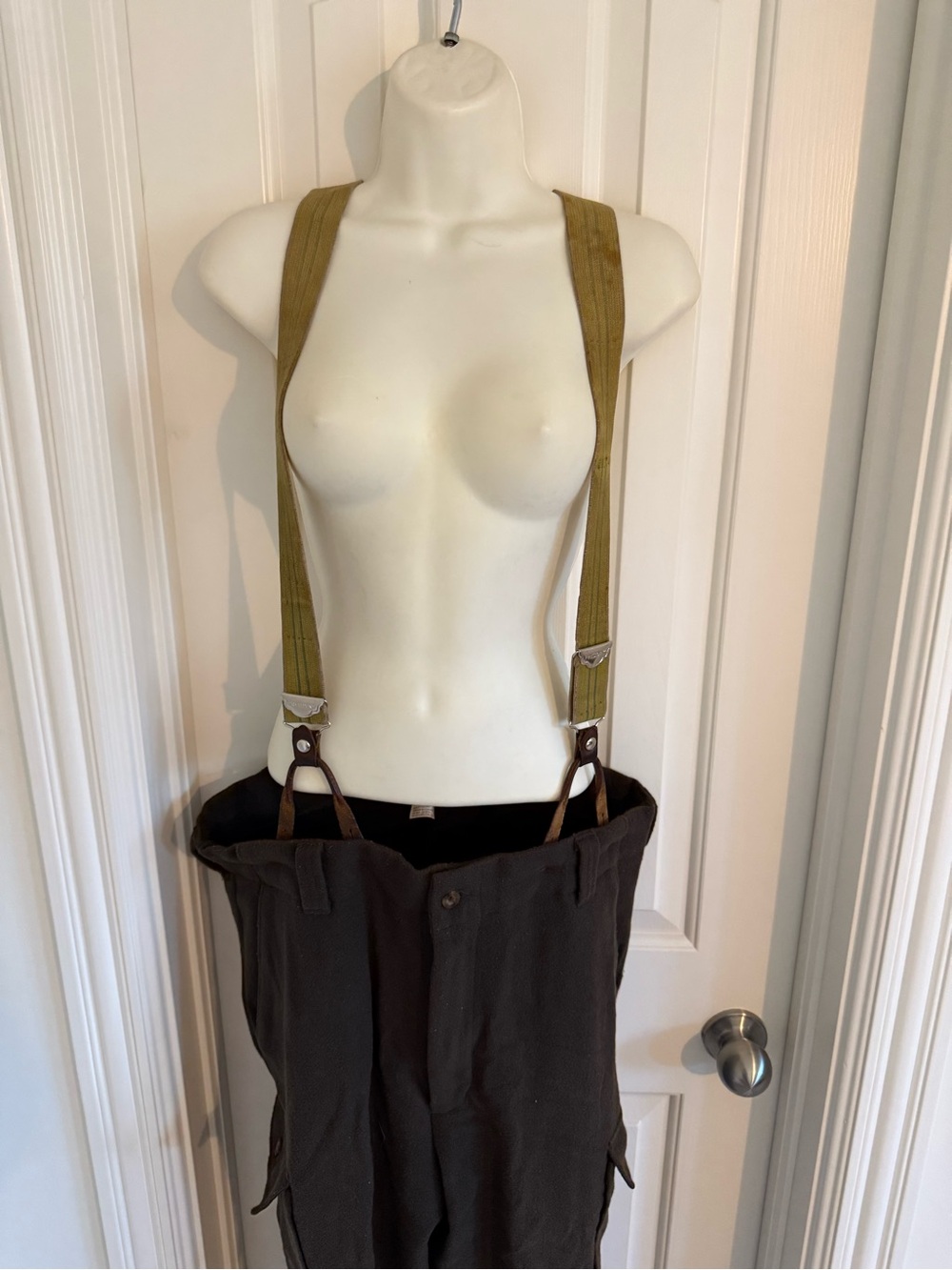 Super Rare and Vintage 1998 Woolrich Men's Loden Wool Suspenders w Leather Tabs